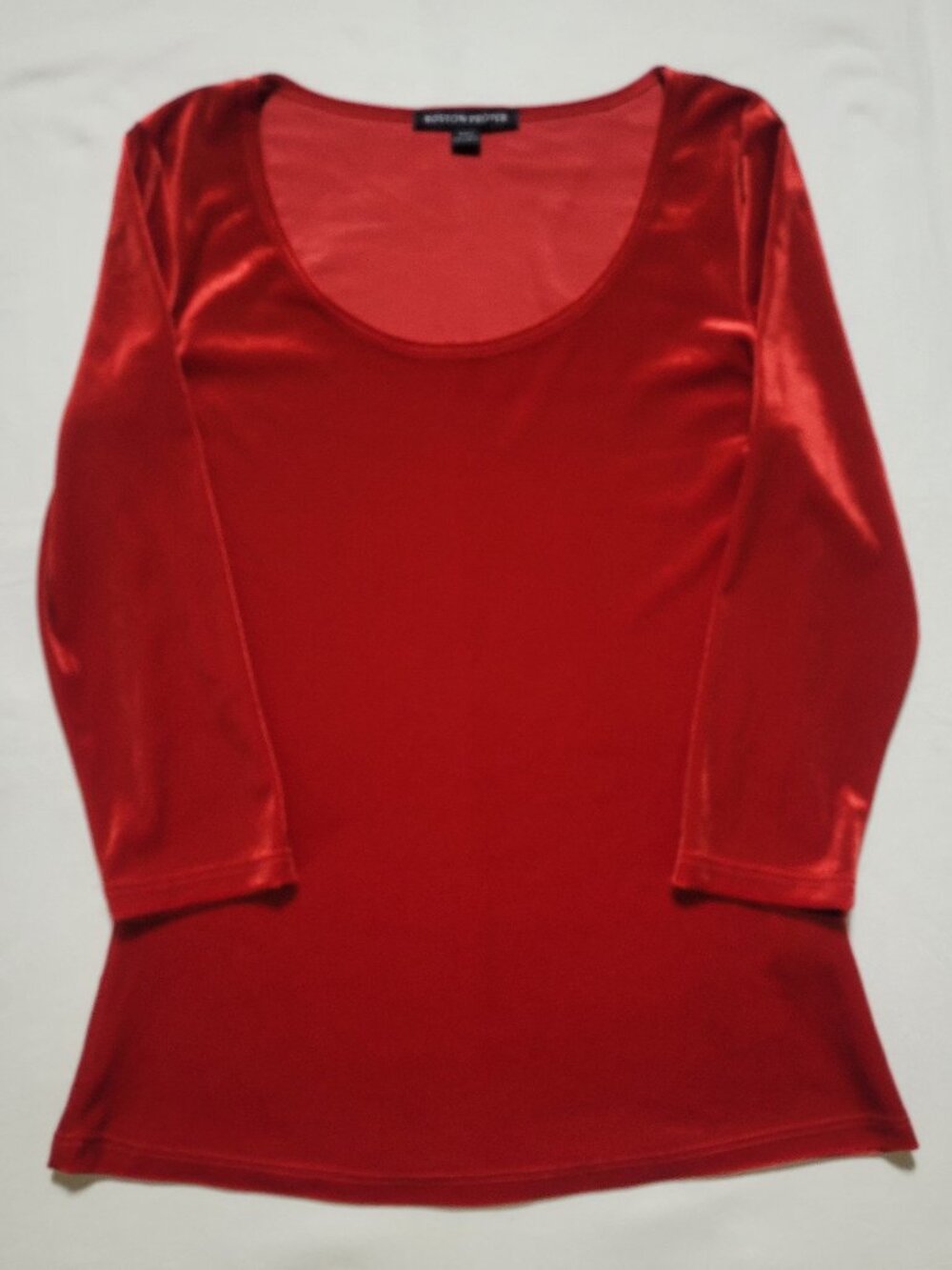 Boston Proper Red Velvet Scoop Neck 3/4 Sleeve Top Small Stretch Blouse Holiday - Picture 2 of 8